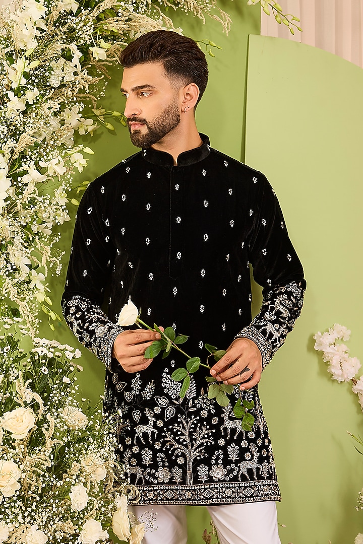 Black Velvet Hand Embroidered Short Kurta by Kasbah Clothing at Pernia's Pop Up Shop