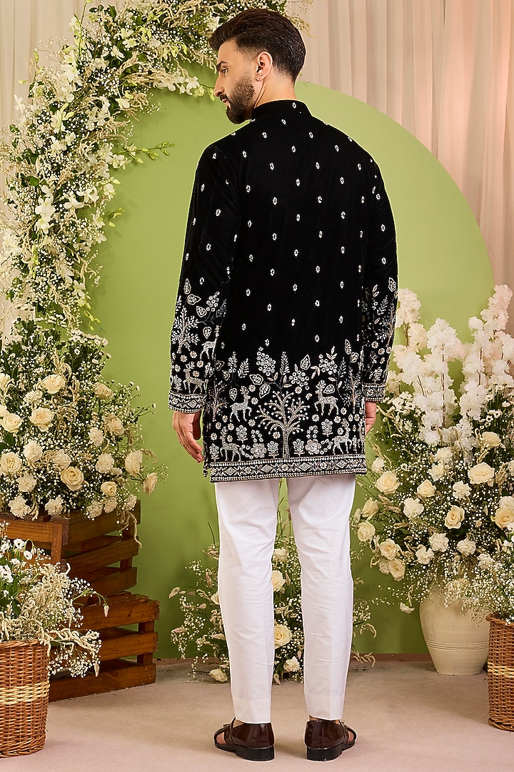 Black Velvet Hand Embroidered Short Kurta by Kasbah Clothing at Pernia's Pop Up Shop