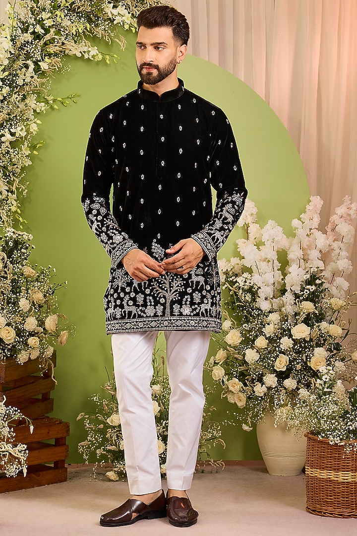 Black Velvet Hand Embroidered Short Kurta by Kasbah Clothing at Pernia's Pop Up Shop