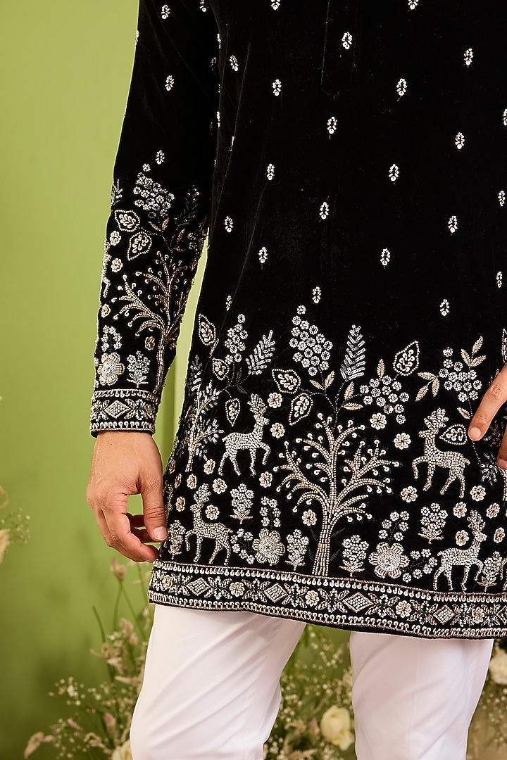 Black Velvet Hand Embroidered Short Kurta by Kasbah Clothing at Pernia's Pop Up Shop