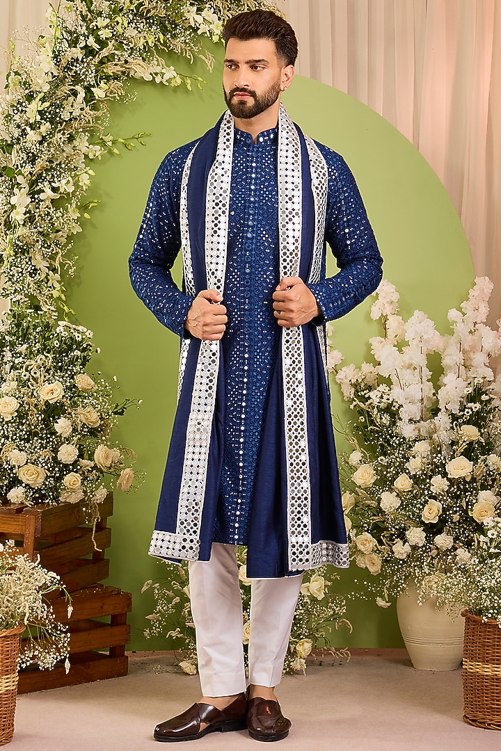 Black Silk Mirror Embroidered Kurta With Stole by Kasbah Clothing at Pernia's Pop Up Shop
