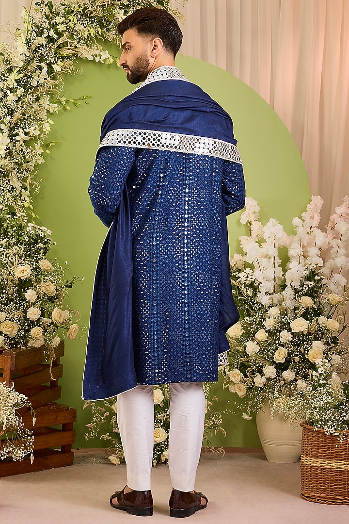 Black Silk Mirror Embroidered Kurta With Stole by Kasbah Clothing at Pernia's Pop Up Shop