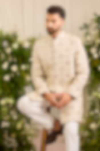 Golden Tissue Cutdana Embroidered Short Wedding Indowestern Set by Kasbah Clothing at Pernia's Pop Up Shop