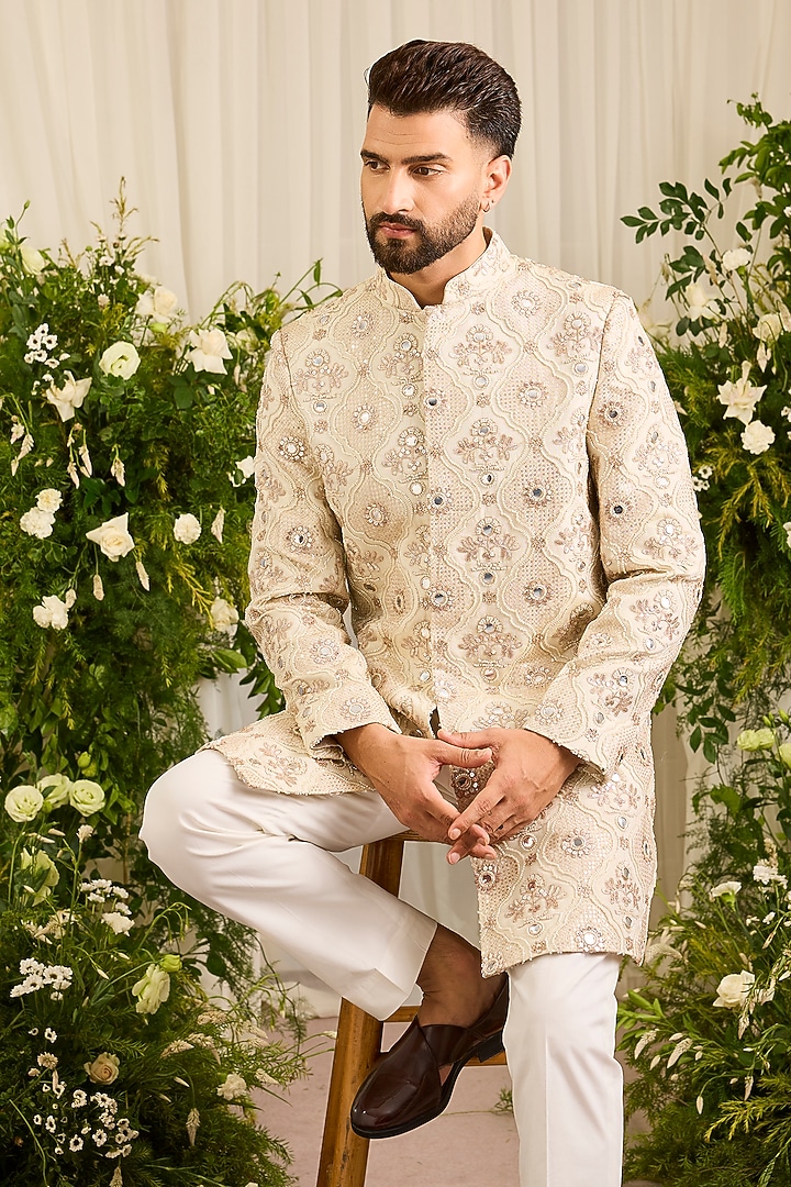 Golden Tissue Cutdana Embroidered Short Wedding Indowestern Set by Kasbah Clothing at Pernia's Pop Up Shop