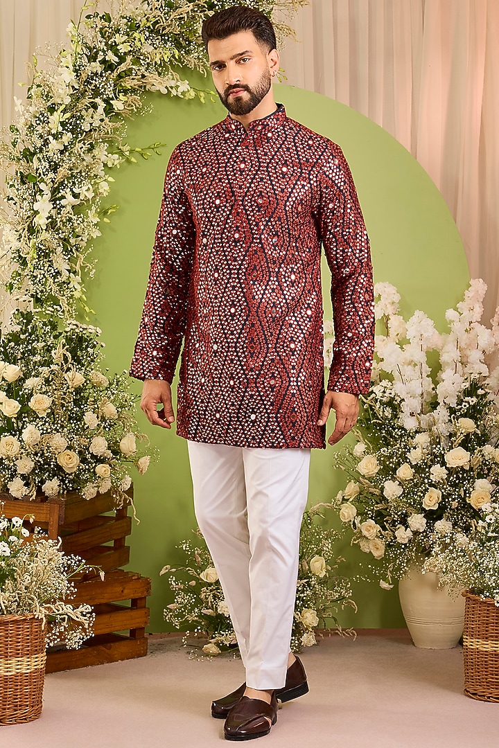 Maroon Silk Sequin Embellished Short Kurta by Kasbah Clothing at Pernia's Pop Up Shop