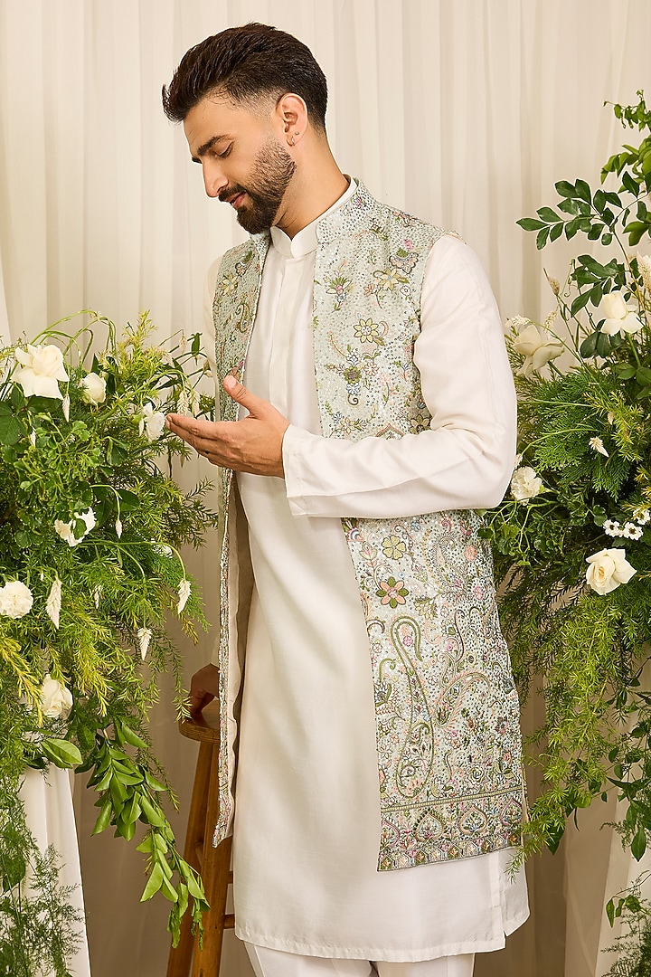 Blue Georgette Threadwork Long Open Jacket by Kasbah Clothing at Pernia's Pop Up Shop