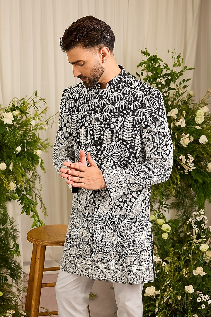 Black Georgette Cutdana Embroidered Short Wedding Sherwani by Kasbah Clothing at Pernia's Pop Up Shop