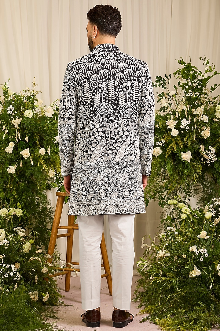 Black Georgette Cutdana Embroidered Short Wedding Sherwani by Kasbah Clothing at Pernia's Pop Up Shop