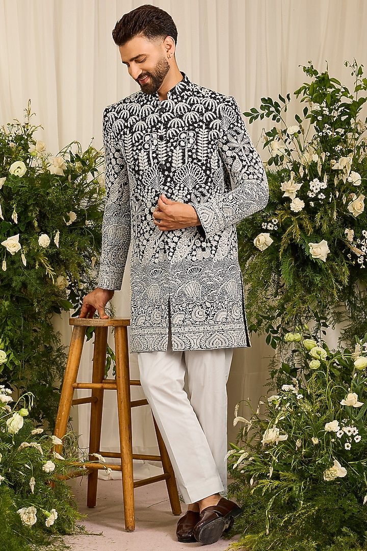 Black Georgette Cutdana Embroidered Short Wedding Sherwani by Kasbah Clothing at Pernia's Pop Up Shop