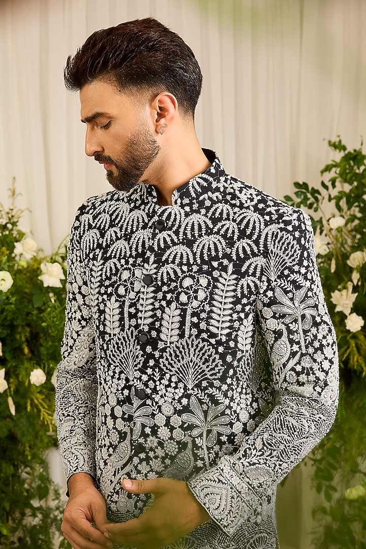 Black Georgette Cutdana Embroidered Short Wedding Sherwani by Kasbah Clothing at Pernia's Pop Up Shop