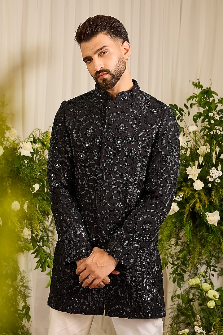 Black Silk Cutdana Embroidered Short Wedding Sherwani by Kasbah Clothing at Pernia's Pop Up Shop