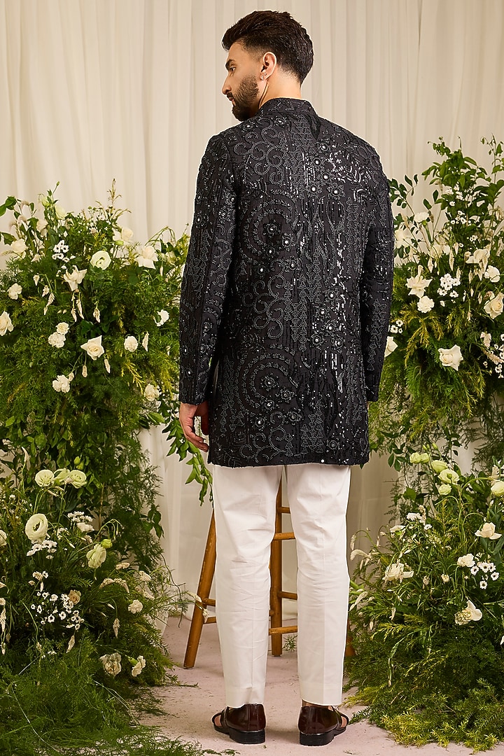 Black Silk Cutdana Embroidered Short Wedding Sherwani by Kasbah Clothing at Pernia's Pop Up Shop