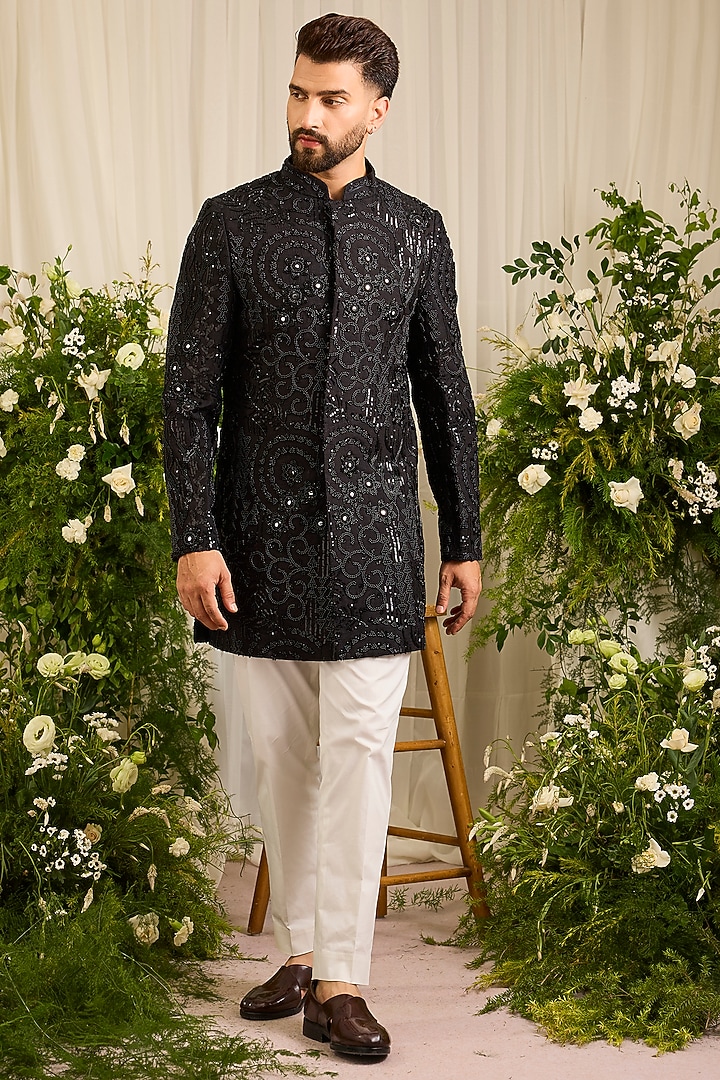 Black Silk Cutdana Embroidered Short Wedding Sherwani by Kasbah Clothing at Pernia's Pop Up Shop