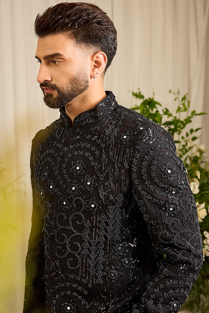 Black Silk Cutdana Embroidered Short Wedding Sherwani by Kasbah Clothing at Pernia's Pop Up Shop