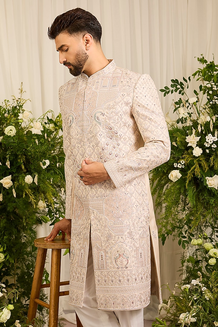 Ivory Silk Cutdana Handwork Wedding Sherwani by Kasbah Clothing at Pernia's Pop Up Shop