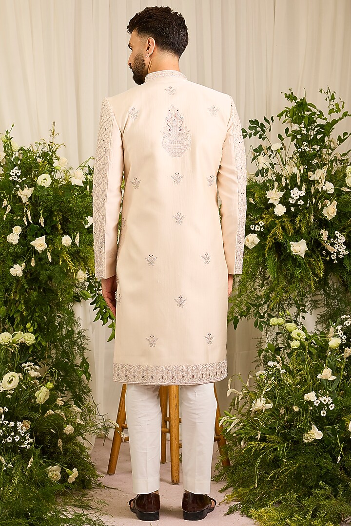 Ivory Silk Cutdana Handwork Wedding Sherwani by Kasbah Clothing at Pernia's Pop Up Shop