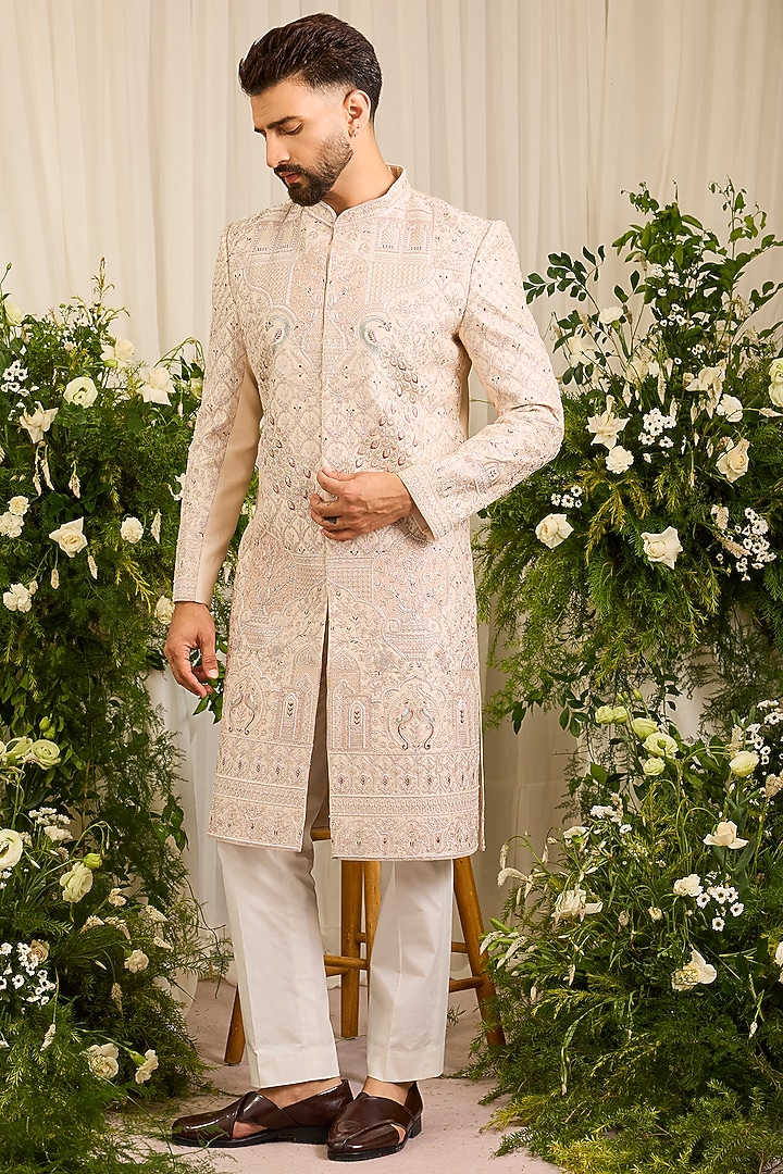 Ivory Silk Cutdana Handwork Wedding Sherwani by Kasbah Clothing at Pernia's Pop Up Shop