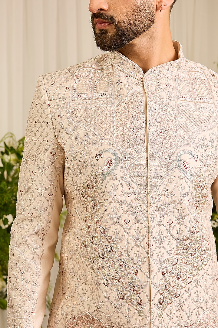Ivory Silk Cutdana Handwork Wedding Sherwani by Kasbah Clothing at Pernia's Pop Up Shop