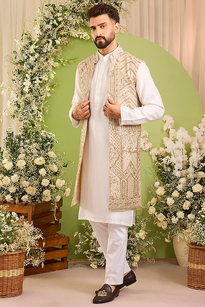 Beige-Gold Georgette Cutdana Embroidered Long Open Jacket by Kasbah Clothing at Pernia's Pop Up Shop
