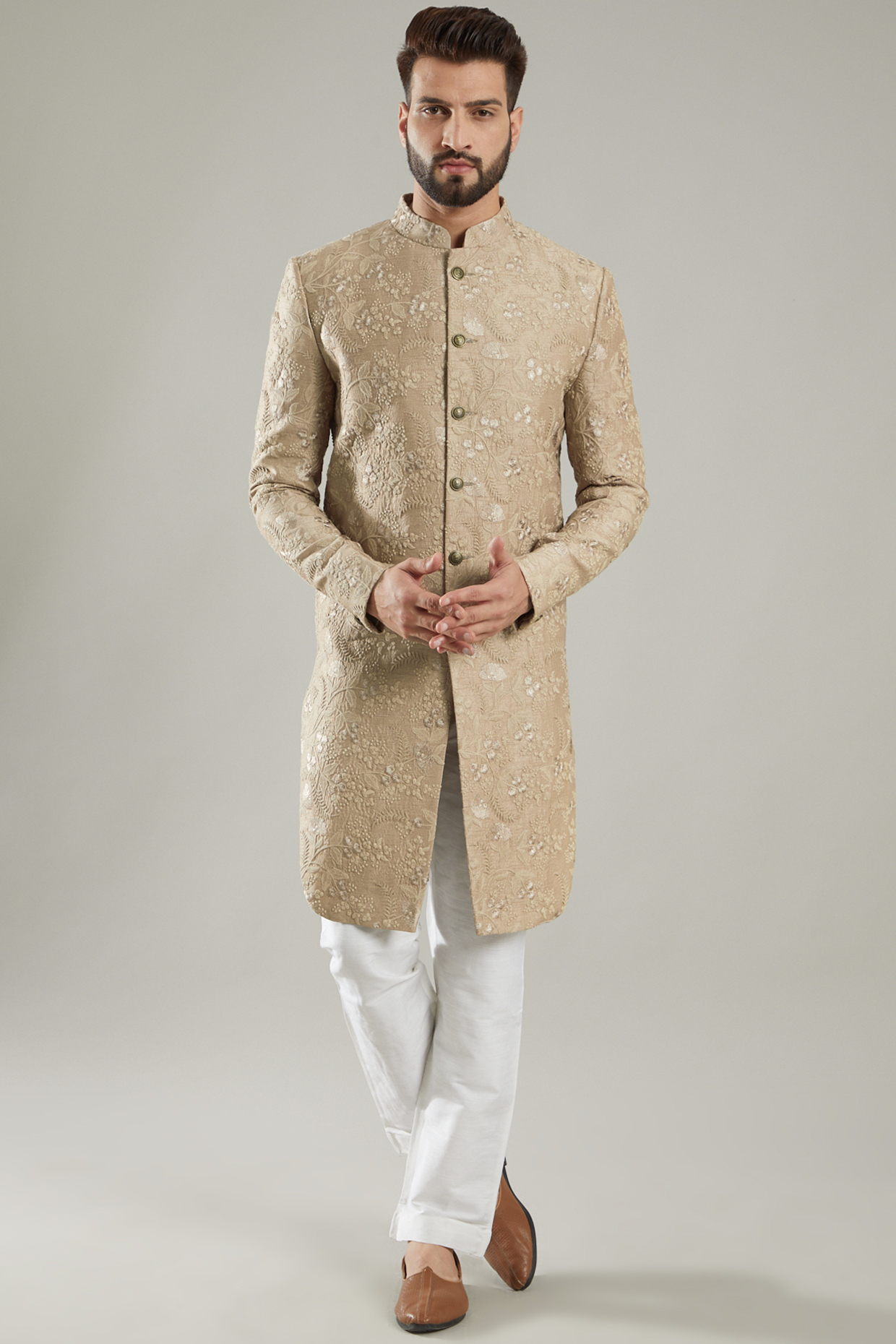 Brown Floral Embroidered Indo Western Jacket by Kasbah Clothing