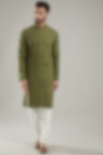 Mehendi Green Silk Embroidered Kurta by Kasbah Clothing at Pernia's Pop Up Shop