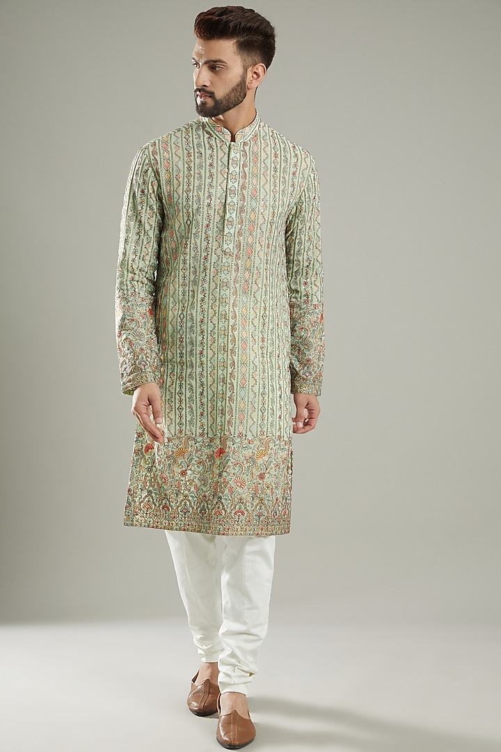 Pastel Green Georgette Embroidered Kurta by Kasbah Clothing