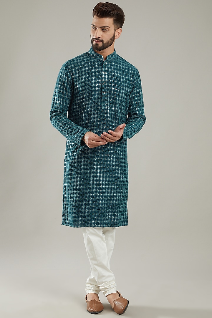 Turquoise Silk Kurta Design by Kasbah Clothing at Pernia's Pop Up Shop 2023