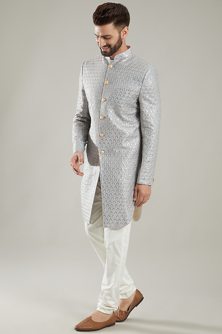Silver Silk Indo Western Jacket by Kasbah Clothing
