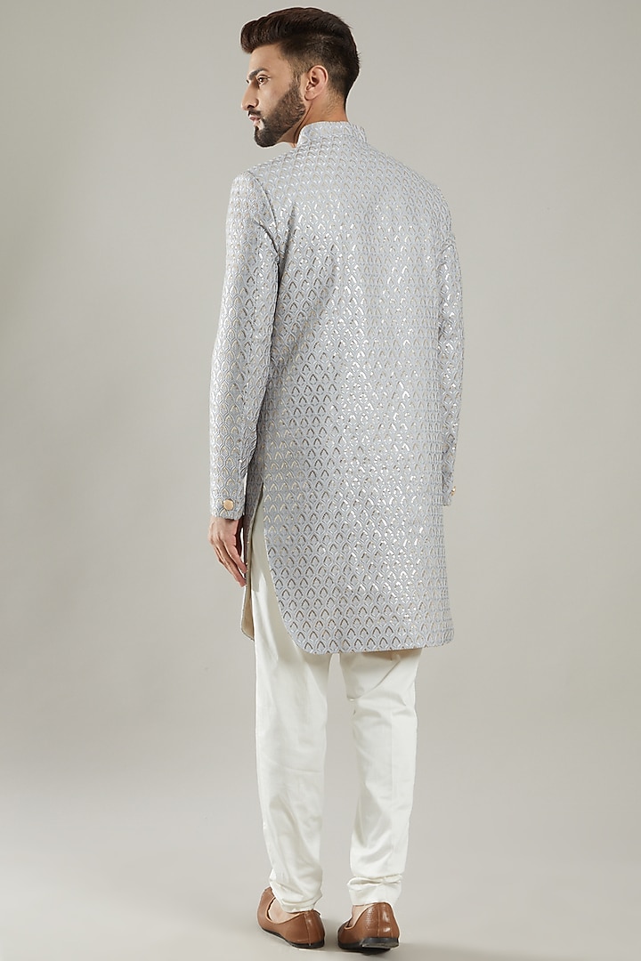 Silver Silk Indo Western Jacket by Kasbah Clothing at Pernia's Pop Up Shop