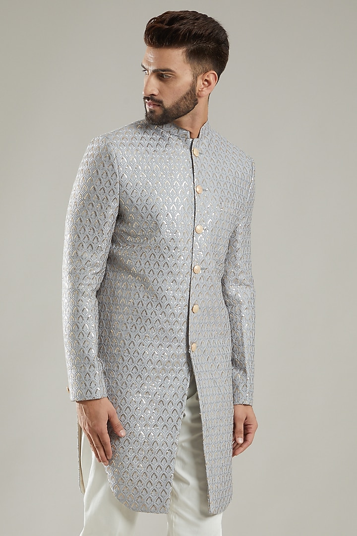 Silver Silk Indo Western Jacket by Kasbah Clothing at Pernia's Pop Up Shop