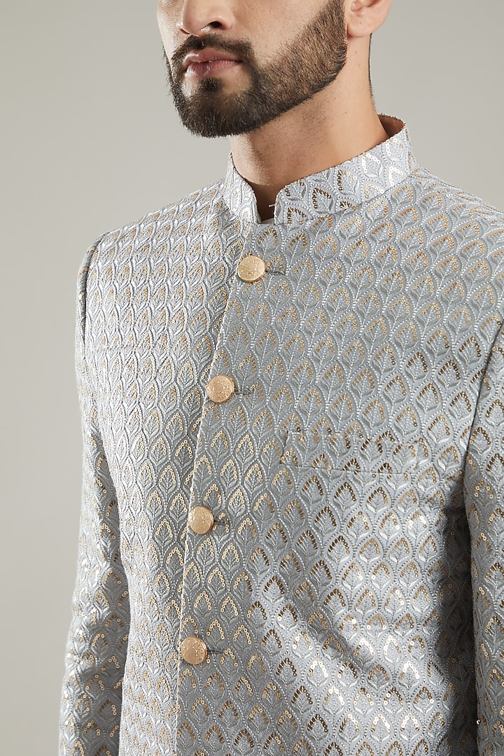 Silver Silk Indo Western Jacket by Kasbah Clothing at Pernia's Pop Up Shop