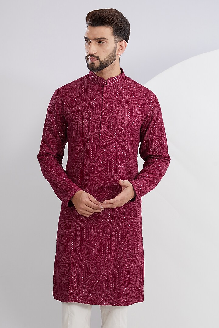 Maroon Silk Sequins Embroidered Kurta by Kasbah Clothing at Pernia's Pop Up Shop