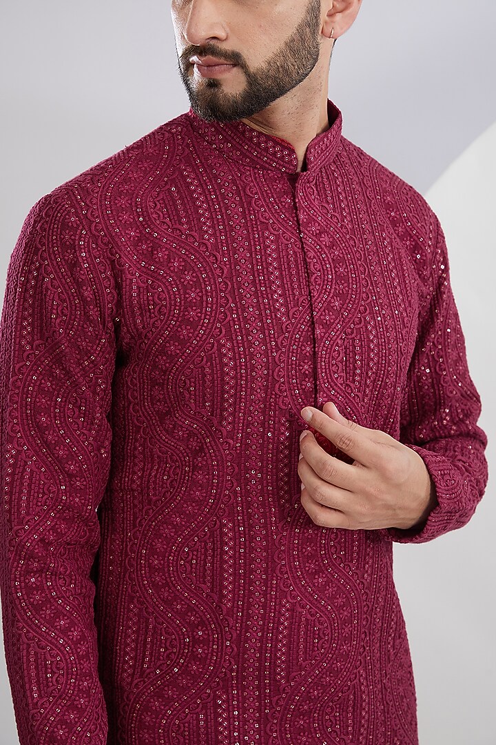 Maroon Silk Sequins Embroidered Kurta by Kasbah Clothing at Pernia's Pop Up Shop