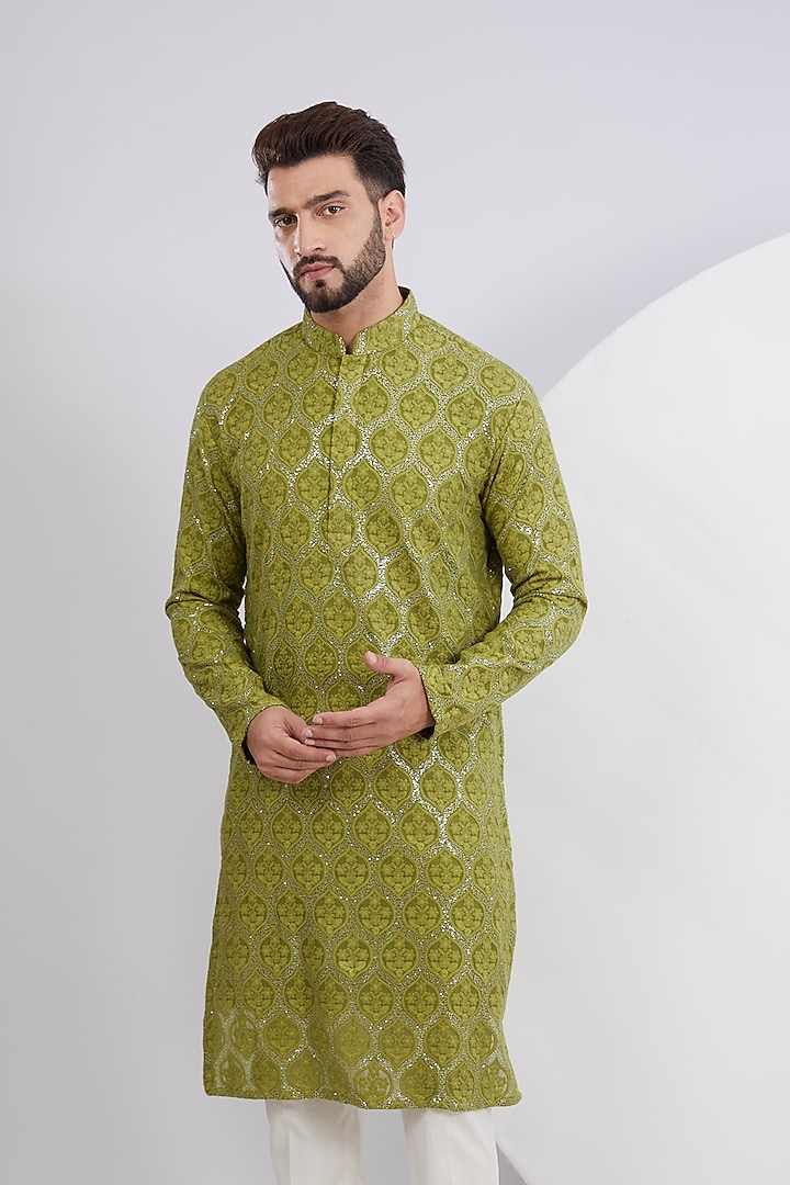 Mehendi Green Silk Sequins Embroidered Kurta  by Kasbah Clothing