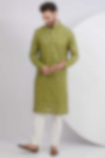 Mehendi Green Silk Sequins Embroidered Kurta  by Kasbah Clothing at Pernia's Pop Up Shop