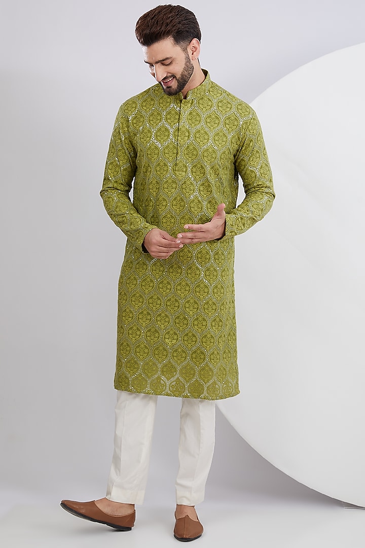 Mehendi Green Silk Sequins Embroidered Kurta  by Kasbah Clothing at Pernia's Pop Up Shop