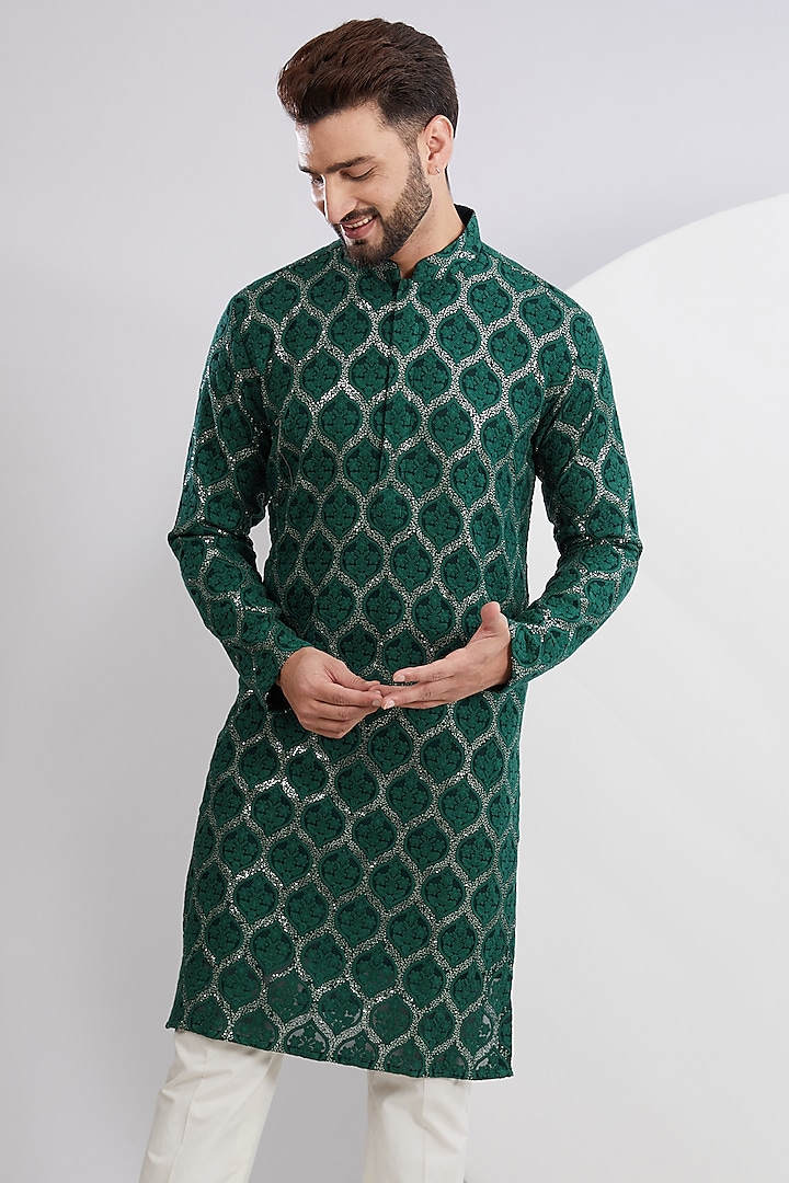 Bottle Green Georgette Sequins Embroidered Kurta by Kasbah Clothing