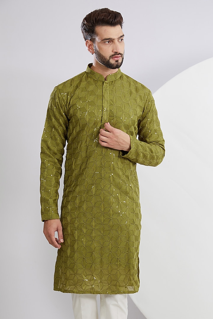 Mehendi Green Georgette Sequins Embroidered Kurta by Kasbah Clothing