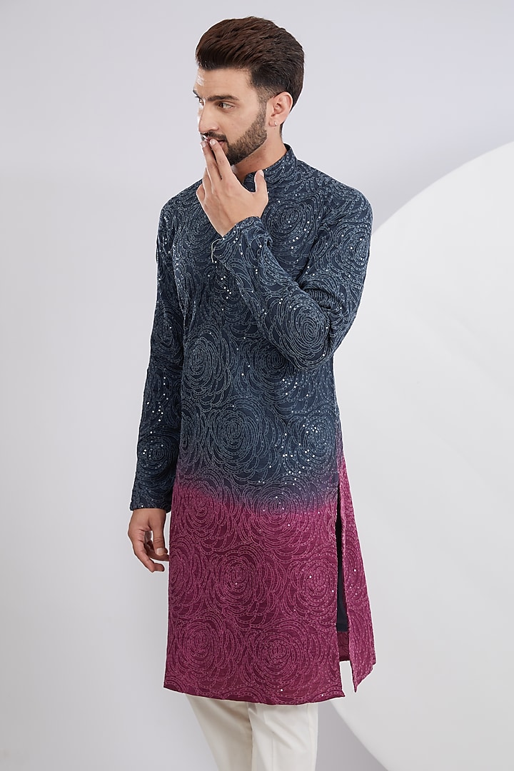 Grey & Pink Ombre Silk Embroidered Kurta by Kasbah Clothing
