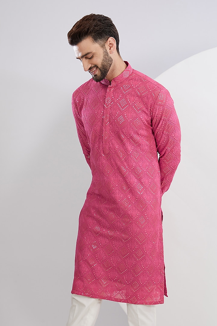 Hot Pink Georgette Sequins Work Chikankari Kurta by Kasbah Clothing at Pernia's Pop Up Shop