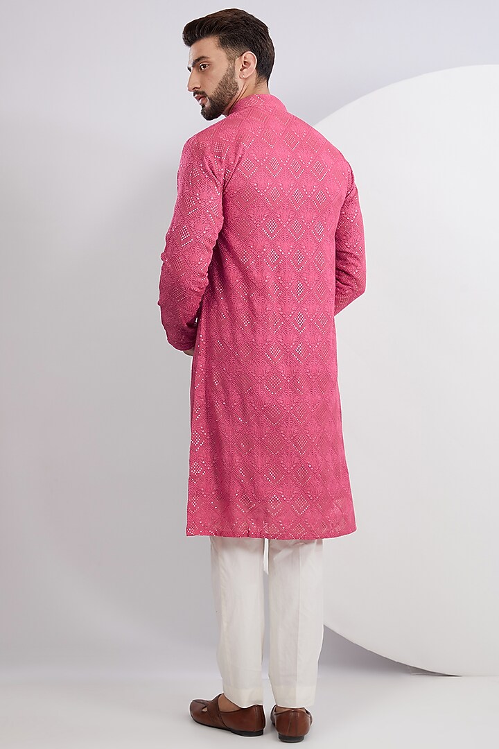 Hot Pink Georgette Sequins Work Chikankari Kurta by Kasbah Clothing at Pernia's Pop Up Shop