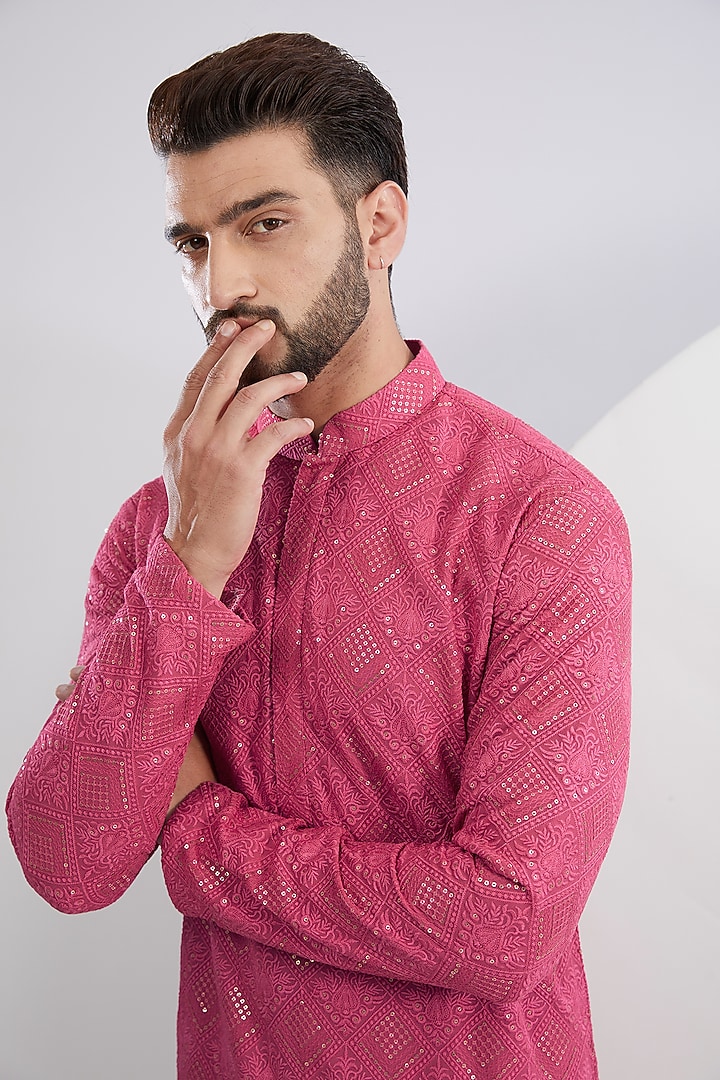Hot Pink Georgette Sequins Work Chikankari Kurta by Kasbah Clothing at Pernia's Pop Up Shop