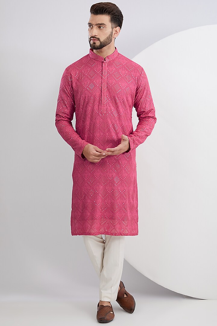 Hot Pink Georgette Sequins Work Chikankari Kurta by Kasbah Clothing at Pernia's Pop Up Shop