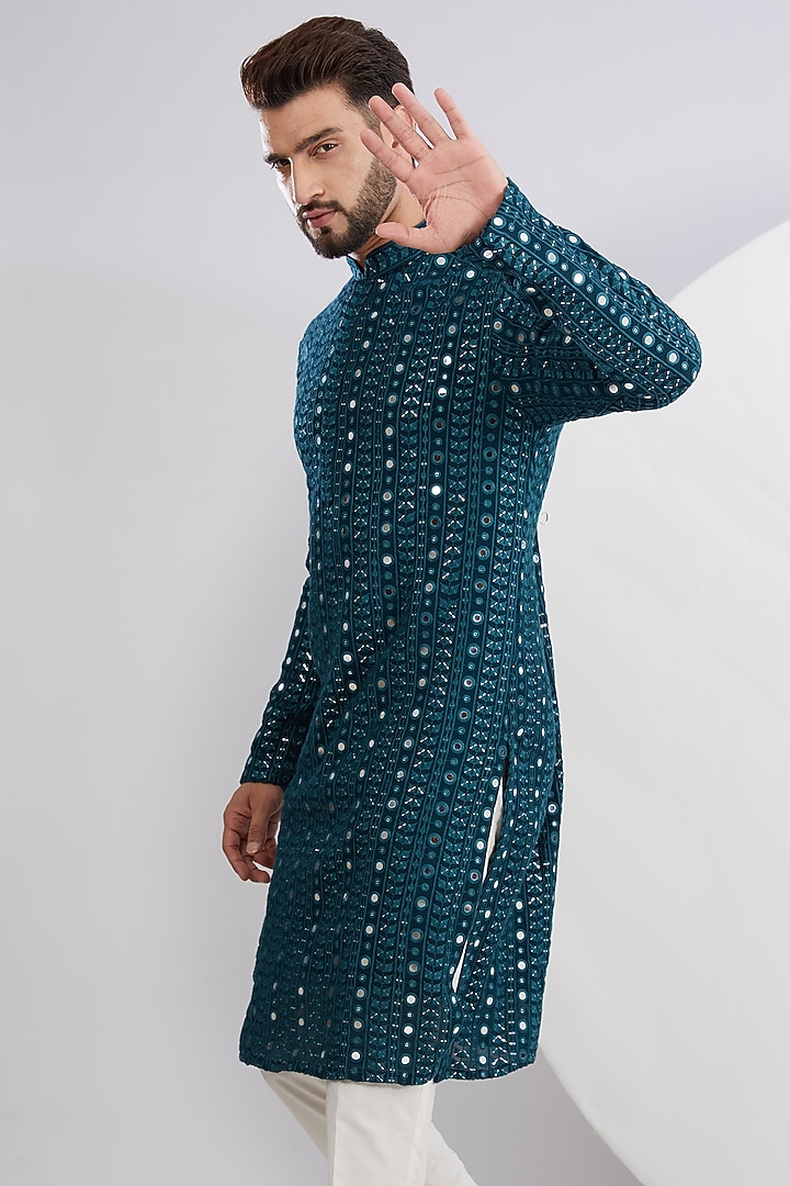 Teal Georgette Mirror & Thread Work Kurta by Kasbah Clothing at Pernia's Pop Up Shop