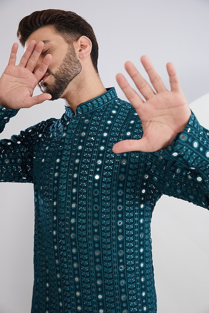 Teal Georgette Mirror & Thread Work Kurta by Kasbah Clothing at Pernia's Pop Up Shop