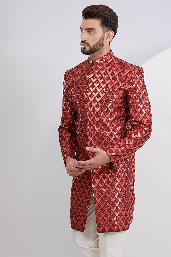 Maroon Silk Slub Embroidered Wedding Indowestern by Kasbah Clothing at Pernia's Pop Up Shop