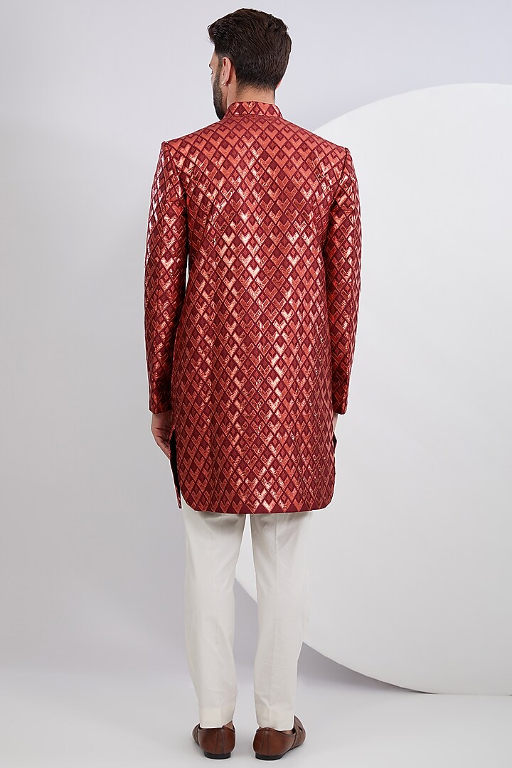 Maroon Silk Slub Embroidered Wedding Indowestern by Kasbah Clothing at Pernia's Pop Up Shop