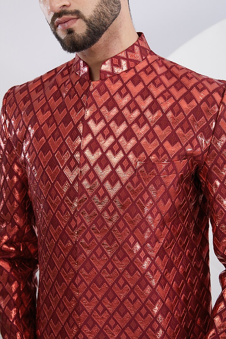Maroon Silk Slub Embroidered Wedding Indowestern by Kasbah Clothing at Pernia's Pop Up Shop