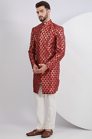 Maroon Silk Slub Embroidered Indowestern by Kasbah Clothing