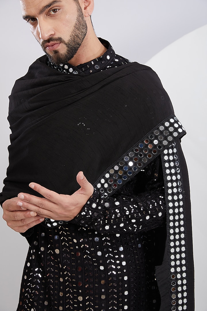 Black Georgette Mirror Work Kurta With Stole by Kasbah Clothing at Pernia's Pop Up Shop